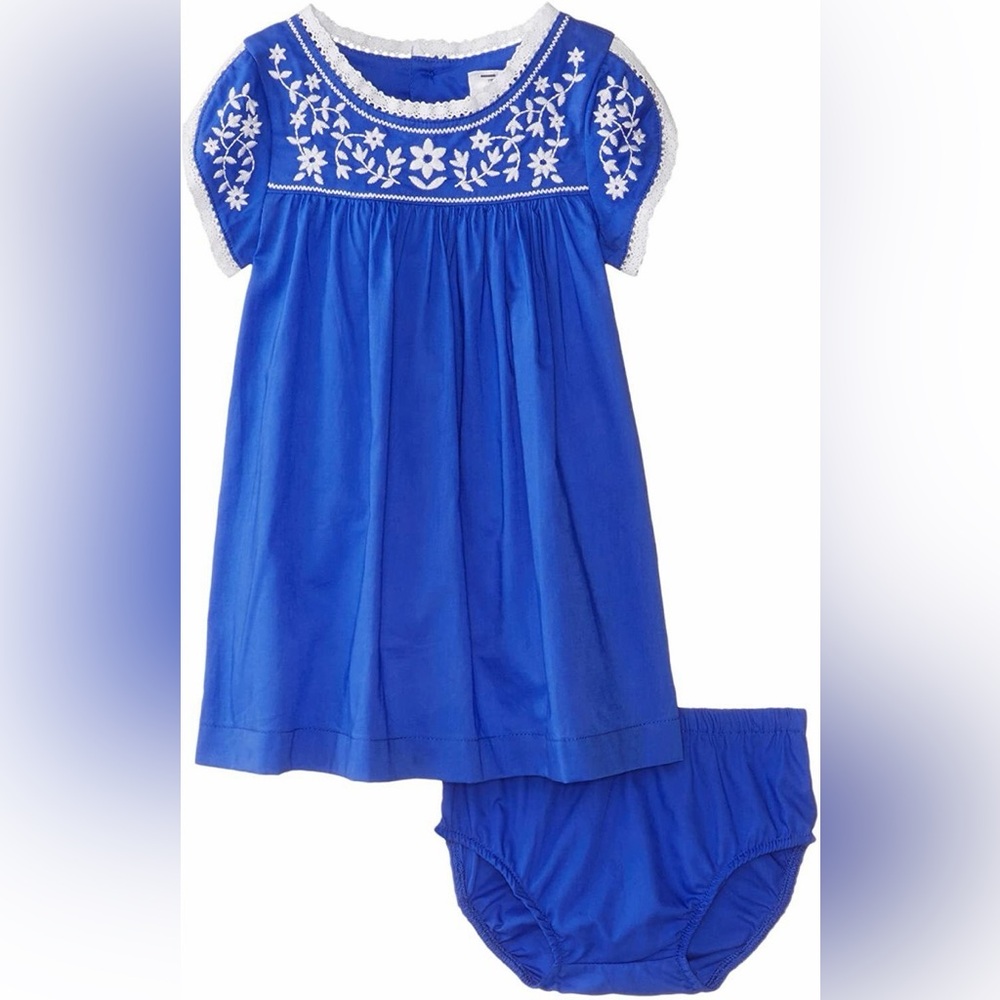 Carters Baby Girls Blue White Embroidered Dress With Diaper Cover